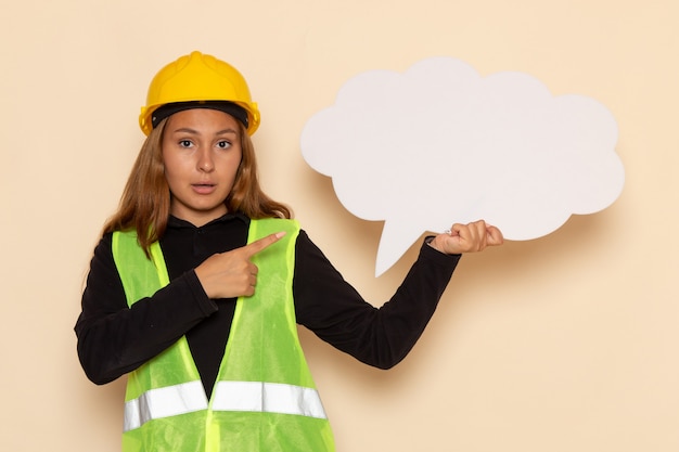 Construtora feminina de vista frontal com capacete amarelo segurando uma placa branca na parede branca feminina