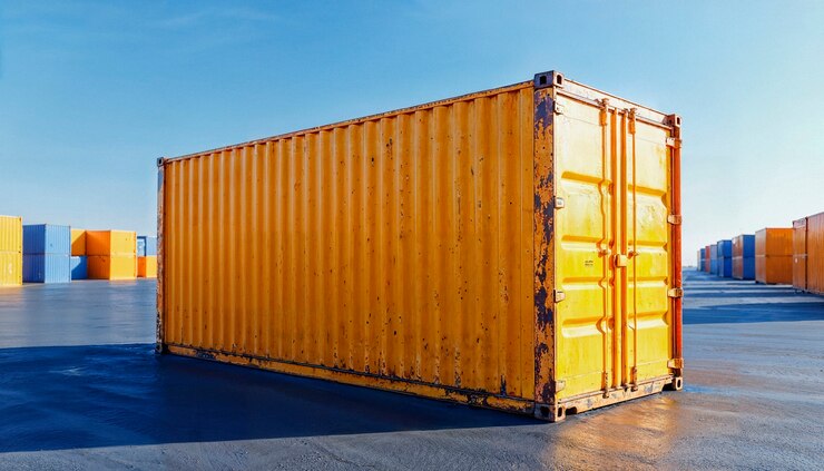 Foto grátis container de transporte amarelo em um depósito de contêineres
