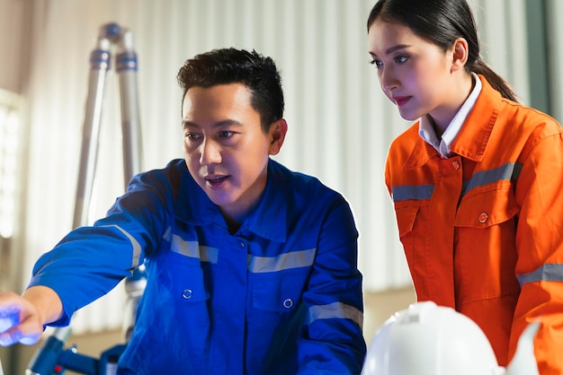 Foto grátis cooperação do engenheiro dois técnicos asiáticos masculinos e femininos de manutenção inspecionam o sistema de robô de relé com tablet laptop para controlar a qualidade operar o processo de trabalho indústria pesada 40 fábrica de fabricação