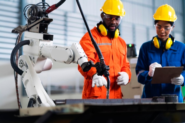 Cooperação do engenheiro técnico masculino e feminino relé de controle de manutenção sistema de braço robótico soldagem com tablet laptop para controlar a qualidade operar processo de trabalho indústria pesada 40 fábrica de fabricação