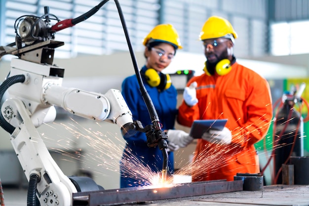 Cooperação do engenheiro técnico masculino e feminino relé de controle de manutenção sistema de braço robótico soldagem com tablet laptop para controlar a qualidade operar processo de trabalho indústria pesada 40 fábrica de fabricação