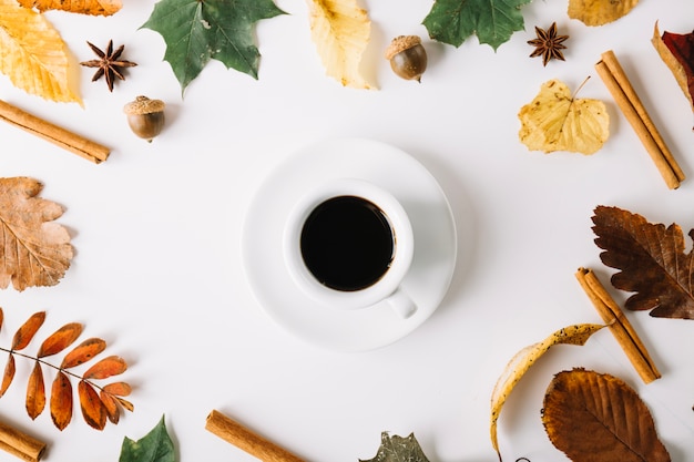 Foto grátis copo de café na folhagem