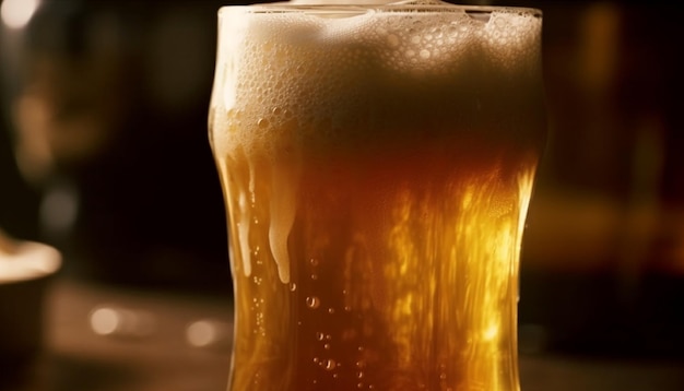 Copo de cerveja espumoso na mesa escura do bar gerado por IA