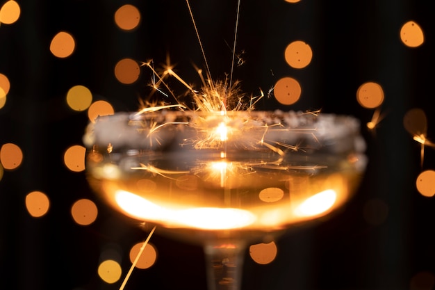 Copo de close-up com champanhe e luzes douradas