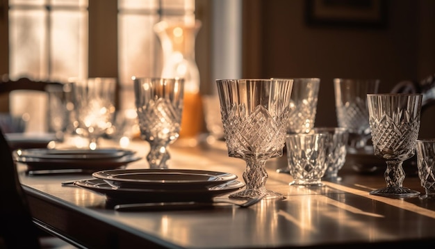 Foto grátis copo de vinho de luxo reflete a decoração elegante da sala de jantar gerada pela ia