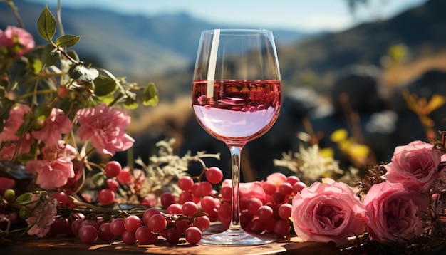 Copo de vinho no buquê da natureza da mesa celebrando a elegância e o relaxamento do verão gerados pela inteligência artificial