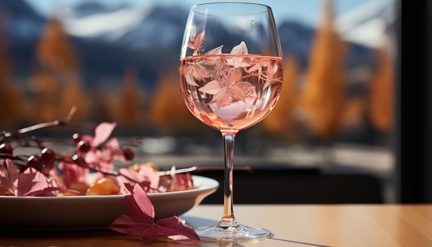 Copo de vinho refrescante em uma mesa de madeira celebrando o outono com comida gourmet gerada por inteligência artificial