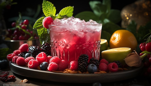 Foto grátis coquetel de bagas frescas em mesa de madeira uma bebida de verão refrescante gerada por inteligência artificial