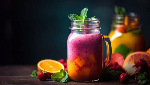 Coquetel de frutas frescas na mesa de madeira rústica gerada por IA