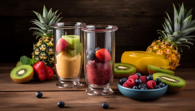 Foto grátis coquetel de frutas frescas numa mesa de madeira saudável e refrescante gerado por inteligência artificial