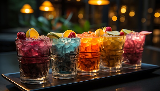 Coquetel fresco com frutas geladas e guarnição colorida no bar gerado por inteligência artificial