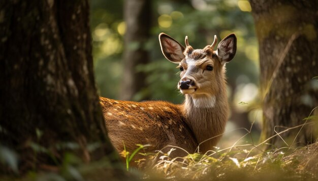 Corça manchada pastando em um prado florestal tranquilo gerado por IA