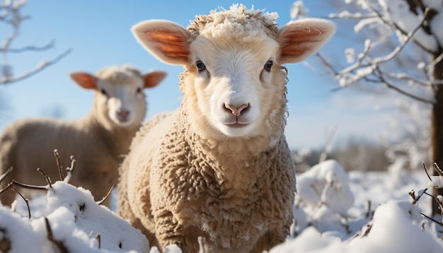 Foto grátis cordeiro fofo pastando em um prado nevado olhando para uma câmera gerada por inteligência artificial