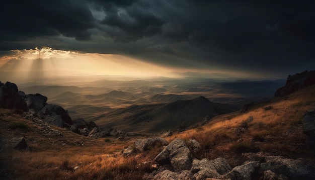 Foto grátis cordilheira majestosa prado tranquilo céu dramático gerado por ia