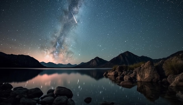 Cordilheira majestosa reflete trilha estelar na tranquila via láctea gerada por ia