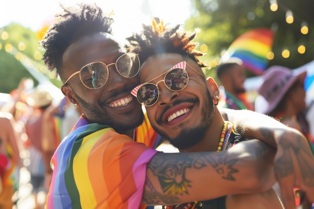 Foto grátis cores fotorrealistas coloridas do arco-íris com homens celebrando o orgulho juntos