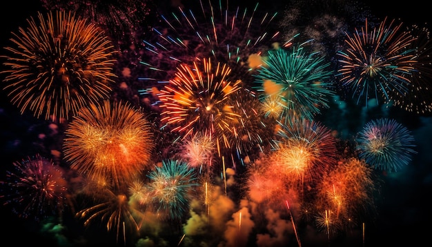Cores vibrantes brilhantes iluminam fogos de artifício explodindo em comemoração gerada por IA
