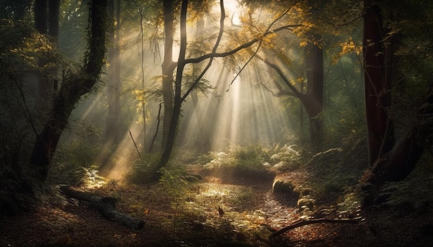 Cores vibrantes de outono em um galho de floresta assustador gerado por IA
