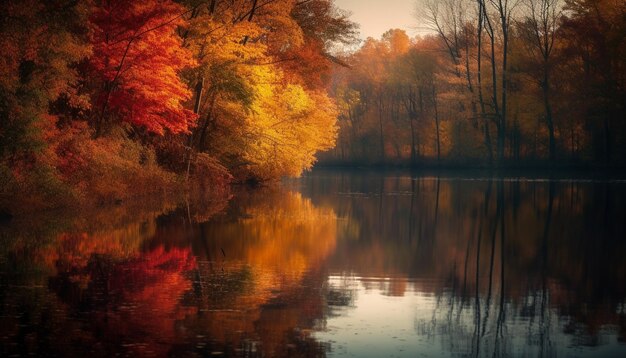 Cores vibrantes de outono refletem em lago tranquilo gerado por IA