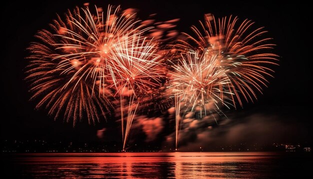 Cores vibrantes iluminam fogos de artifício explosivos à noite gerados por ia