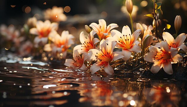 Cores vibrantes refletem em um lago tranquilo mostrando a beleza romântica da natureza gerada pela inteligência artificial