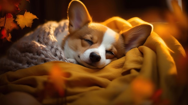 Foto grátis corgi aconchegado num cobertor contra um cenário amarelo