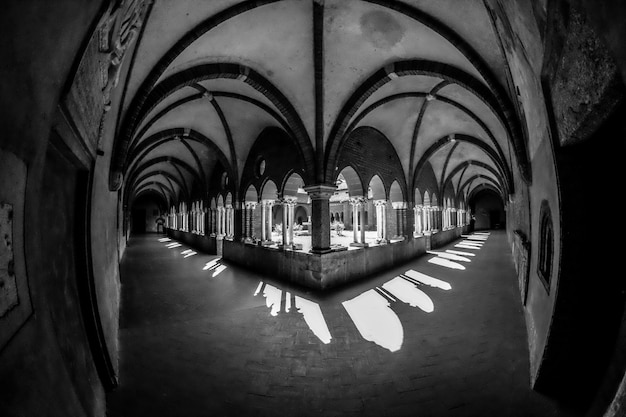 Foto grátis corredor com janelas arqueadas tipo tiro de um canto em preto e branco