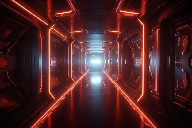 Corredor de nave espacial futurista com luzes de néon vermelhas brilhantes generativas ai