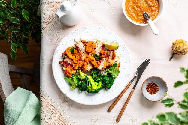 Foto grátis cortilha de frango crocante com molho de katsu com arroz branco e brócolis em uma mesa de pedra