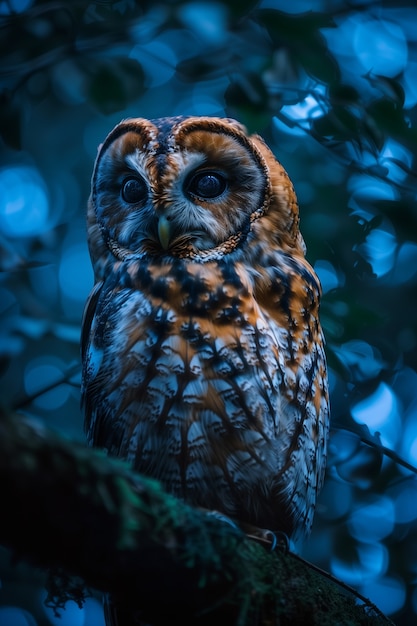 Coruja fotorrealista durante a noite