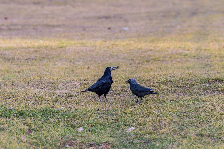 Foto grátis corvos em um campo coberto de grama sob a luz do sol