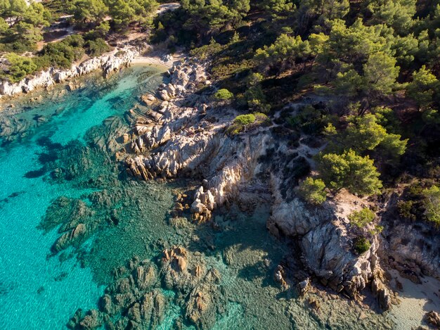 Costa do mar Egeu com água azul transparente, vegetação ao redor, pedras, arbustos e árvores, vista do drone, Grécia