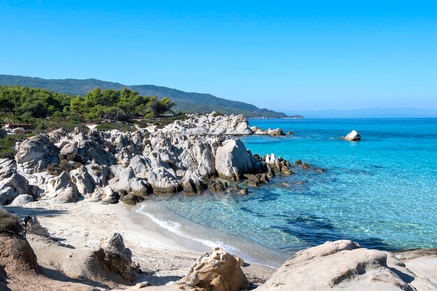 Costa do mar Egeu com vegetação ao redor, rochas, arbustos e árvores, água azul, Grécia