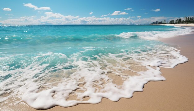 Costa tropical, águas azuis claras, pôr-do-sol tranquilo, natureza, beleza gerada por inteligência artificial.