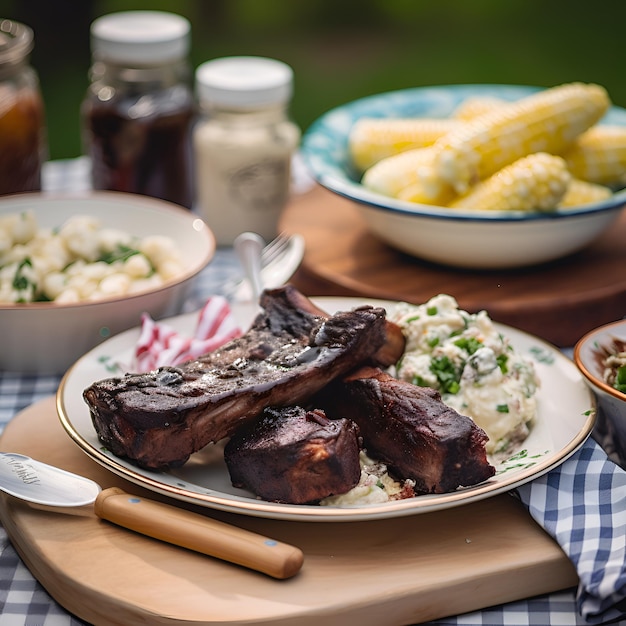 Foto grátis costelas de porco grelhadas com salada de milho e maionese em prancha de madeira