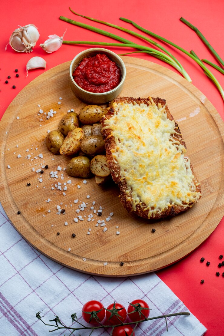 Foto grátis costeleta de frango coberta com queijo derretido e batatas laterais