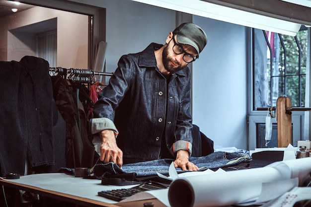 Costureira está medindo tecido com medidor em seu estúdio. O homem está olhando para a câmera. Ele está vestindo jeans, boné e óculos. Há muitas ferramentas de costura no fundo.