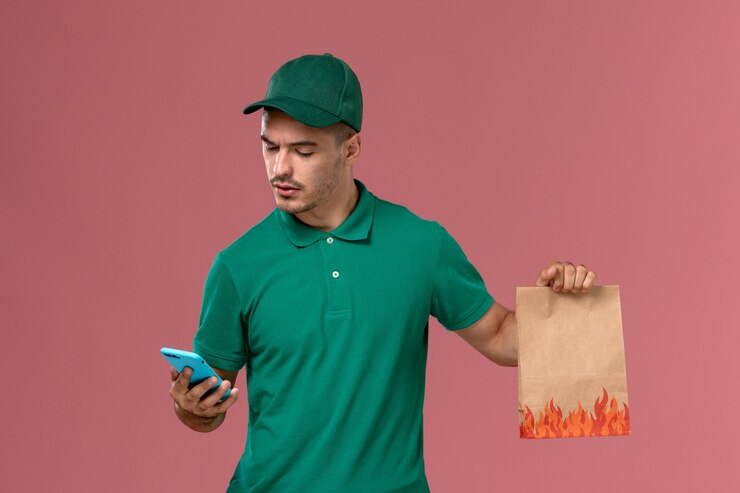 Foto grátis courier masculino de uniforme verde segurando um pacote de comida enquanto usa seu telefone em um fundo rosa