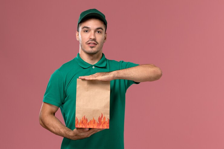 Foto grátis courier masculino de uniforme verde segurando um pacote de papel para comida posando com ele em um fundo rosa claro