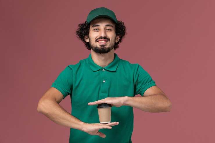 Foto grátis courier masculino de vista frontal com uniforme verde e capa segurando a xícara de café de entrega com um sorriso no fundo rosa.