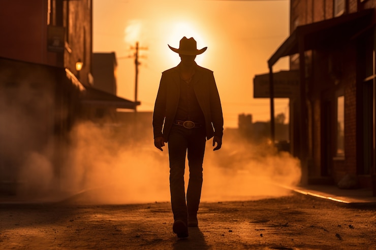 Foto grátis cowboy indo na velha cidade ocidental