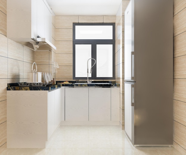 Foto grátis cozinha de design moderno branco de renderização 3d com geladeira