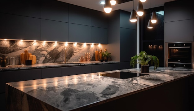 Cozinha de luxo com utensílios de aço inoxidável e mármore gerado por IA