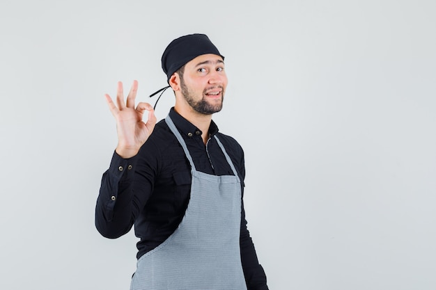 Cozinheiro masculino na camisa, avental, mostrando o gesto de ok e olhando confiante, vista frontal.
