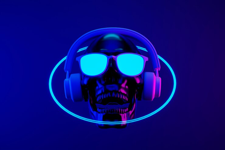 Foto grátis crânio com fones de ouvido e círculo de neon