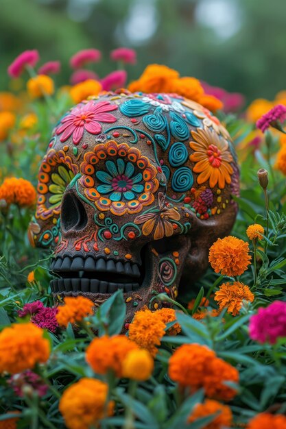 Crânio mexicano com belas flores.