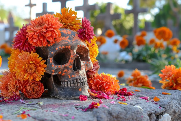 Crânio mexicano com belas flores.