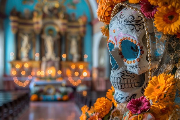 Foto grátis crânio mexicano com belas flores.