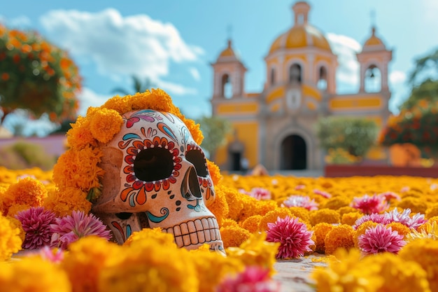 Crânio mexicano com belas flores.