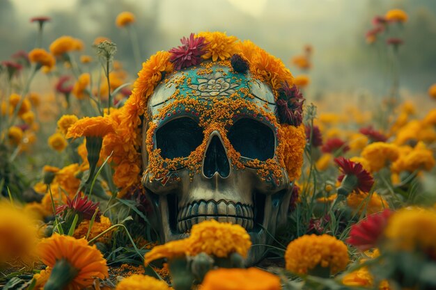 Crânio mexicano com belas flores.